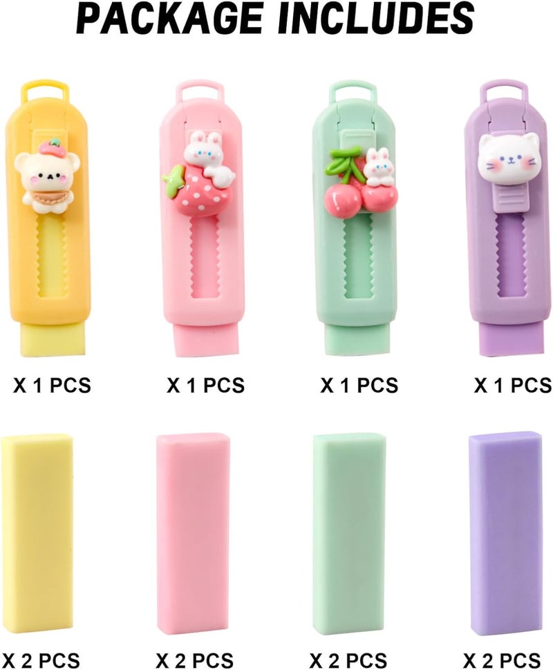 BetterJonny Sliding Retractable Eraser, 4 Color Push Pull Erasers and 8 Refills, Animal Erasers for Pencils Drawing(B) - Image 2